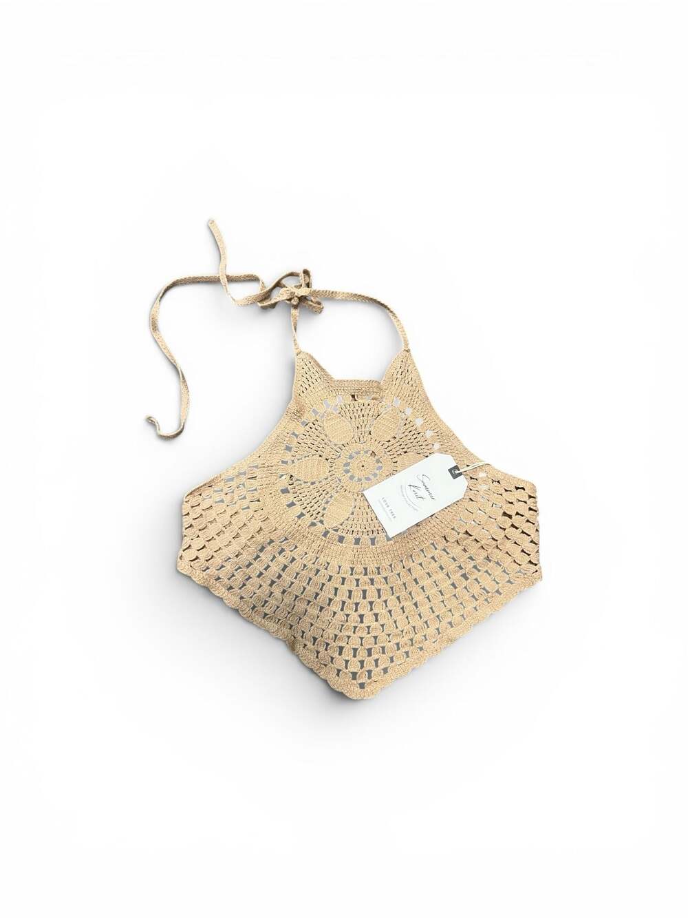Love Tree Summer Knit Beige Crochet Halter Crop Top
